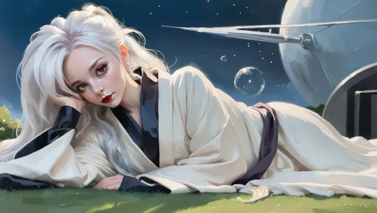 on a sky, chaotic ship1girl, woman, (sparkling high-tech bot:1.3), dark lipstick, long eyelashes, pose, lying on grass, (silk robe:1.2) [:creative, outlandish costume design:0.2], bombshell hair, white hair, Side Ponytail, hourglass figure, caucasian<lora:EnvyCozyXL01:1>