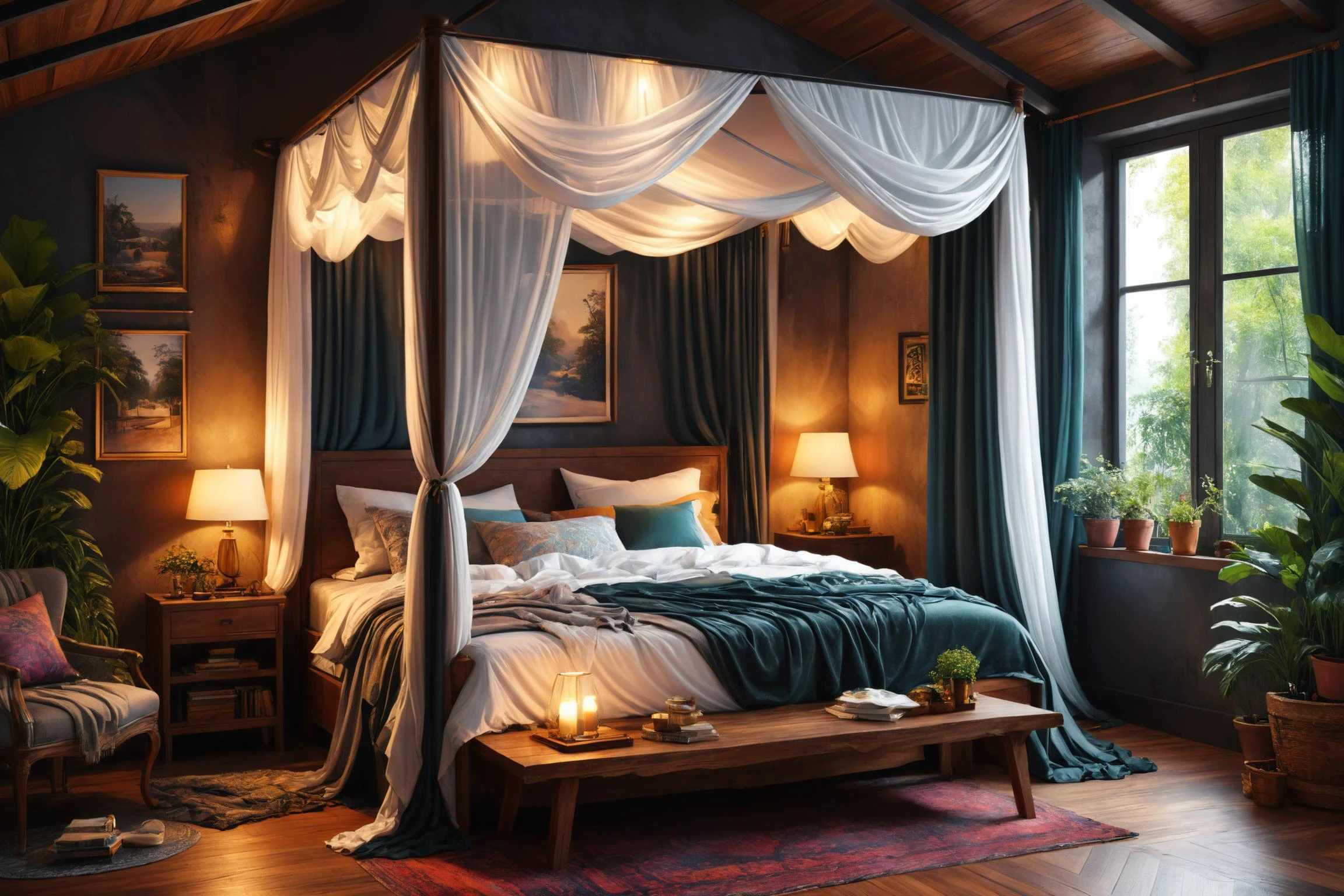 photorealistic, detailed digital illustration of a Raypunk Intimate bedroom with draped canopy, <lora:EnvyCozyXL01:0.7>, <lora:xl_more_art-full_v1:0.7>, <lora:Dreamyvibes artstyle SDXL - Trigger with dreamyvibes artstyle:0.7> Dreamyvibes Artstyle