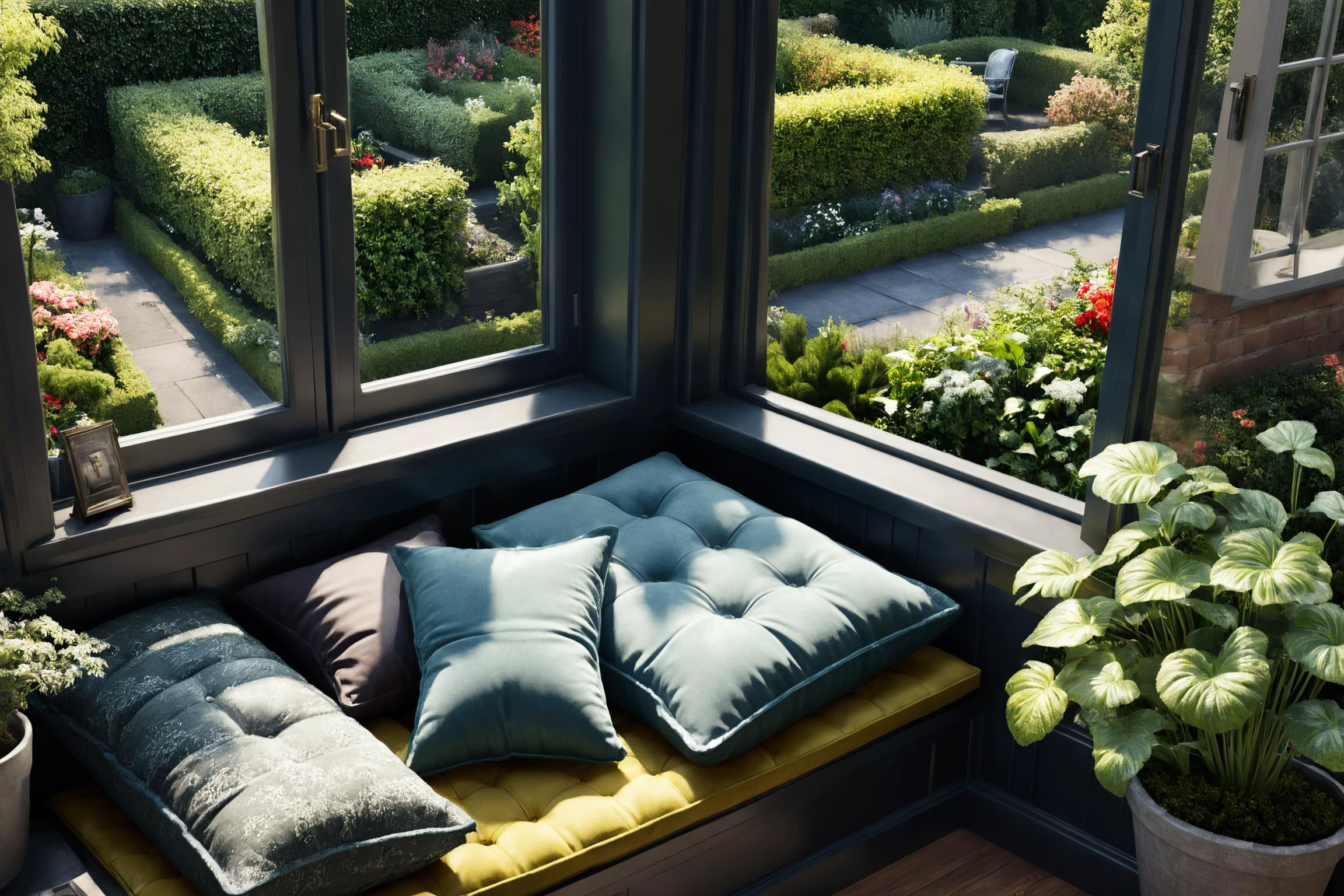 photorealistic, detailed digital illustration of a Film noir Cushioned window seat with garden view, <lora:EnvyCozyXL01:0.7>, <lora:xl_more_art-full_v1:0.7>, <lora:sdxlaarg_aerial:0.7> archiaerialview