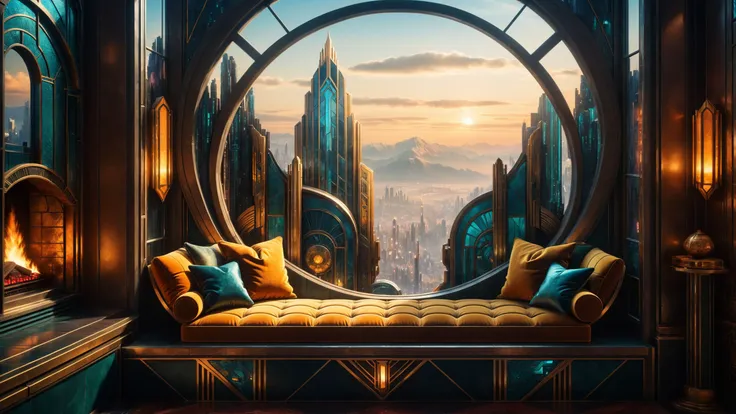 RAW photo of a  Postcyberpunk cushioned window seat with scenic backdrop, a cozy fireplace is nearby, <lora:EnvyCozyXL01:0.6>, <lora:xl_more_art-full_v1:0.4>, <lora:EnvyFantasyArtDecoXL01:1> fantasy art deco