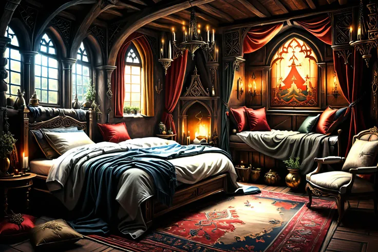 photorealistic, detailed digital illustration of a Cozy medieval bedroom with tapestry decor,  <lora:EnvyCozyXL01:0.7>,   <lora:xl_more_art-full_v1:0.7>, <lora:HorrorAI:0.8> CosmicHorrorAI