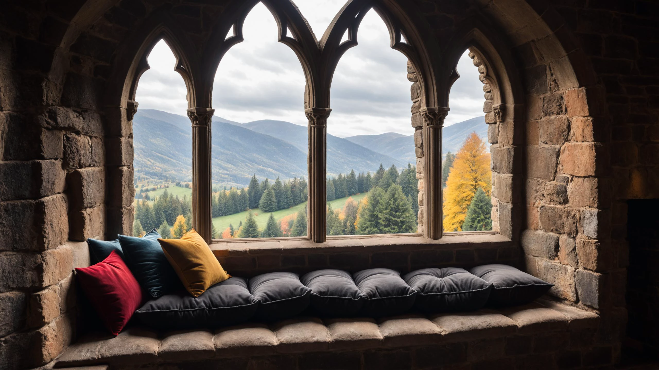 RAW photo of a Gothic cushioned window seat with scenic backdrop, a cozy fireplace is nearby, <lora:EnvyCozyXL01:0.6>, <lora:xl_more_art-full_v1:0.4>, <lora:EnvyBorealXL01:0.7>