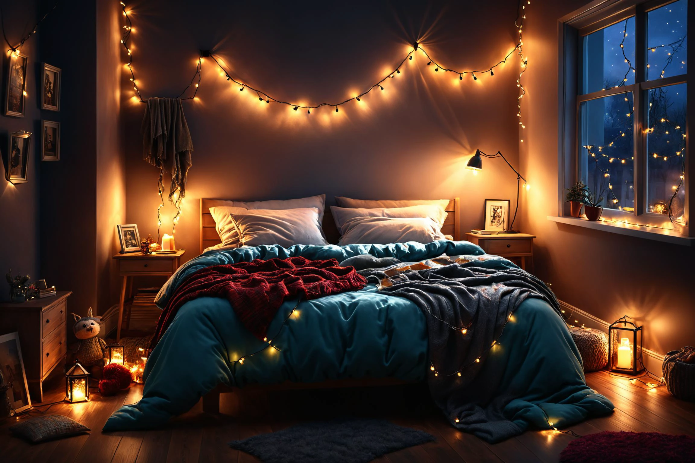 photorealistic, detailed digital illustration of a Horror Cozy bedroom with fairy lights, <lora:EnvyCozyXL01:0.7>, <lora:xl_more_art-full_v1:0.7>, <lora:EnvyBrokenRealityXL01:0.7>