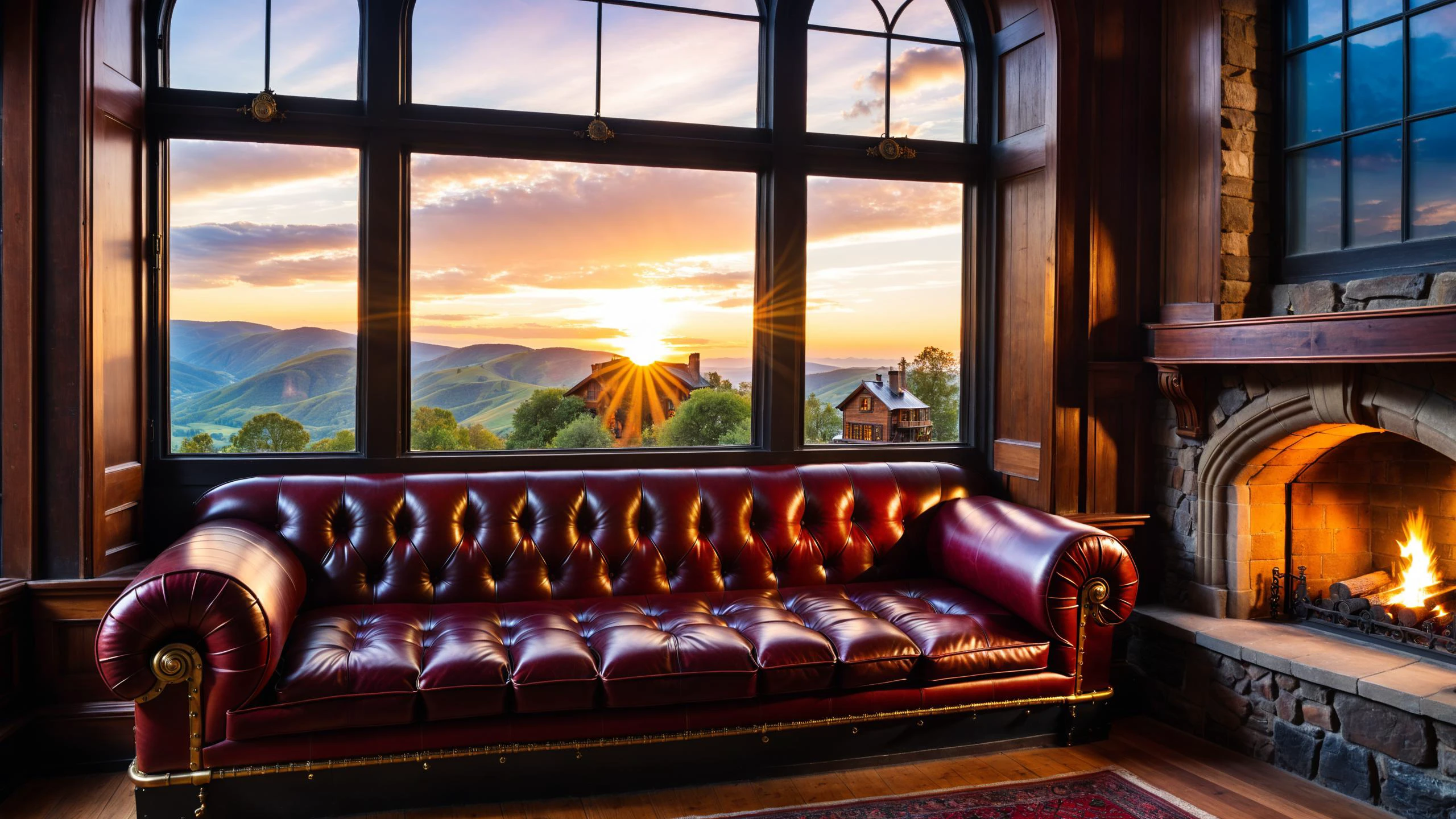 RAW photo of a Steampunk cushioned window seat with scenic backdrop, a cozy fireplace is nearby, <lora:EnvyCozyXL01:0.6>, <lora:xl_more_art-full_v1:0.4>, <lora:EnvyNIghtmareXL01:0.7>