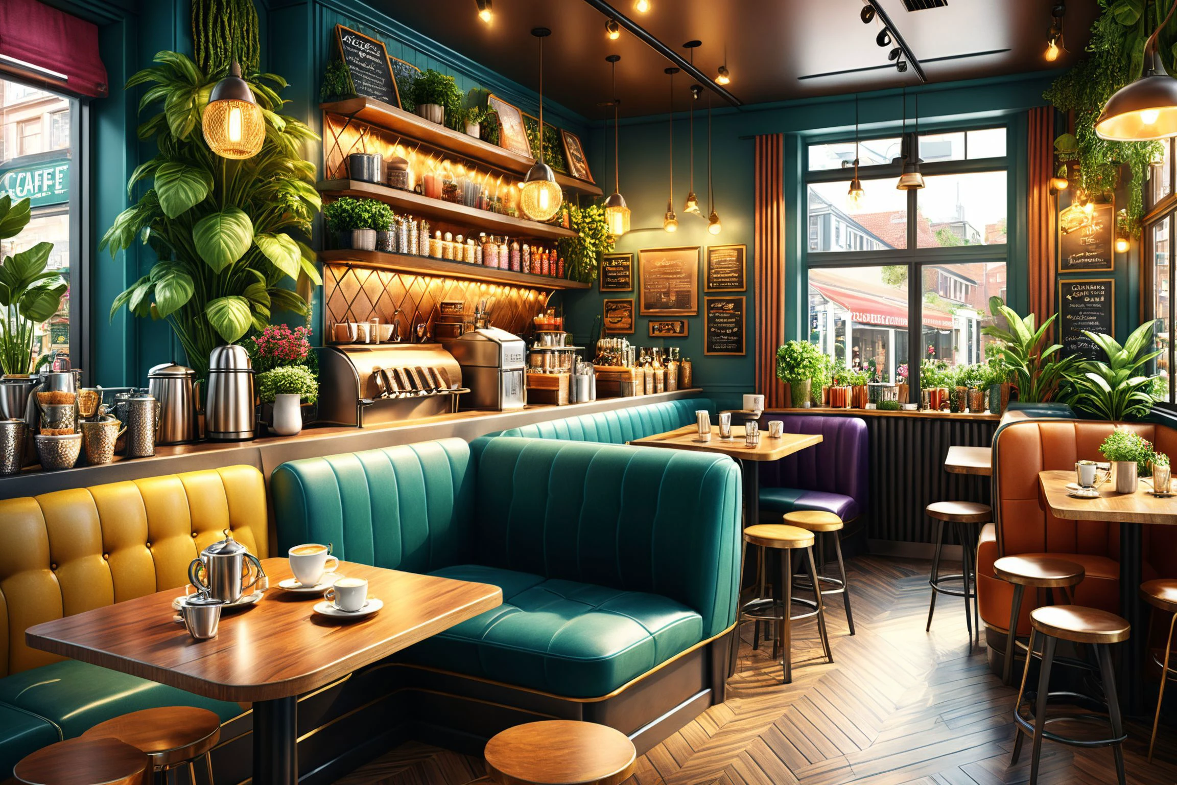 photorealistic, detailed digital illustration of a Decopunk Cozy cafe with inviting ambiance, <lora:EnvyCozyXL01:0.7>, <lora:xl_more_art-full_v1:0.7>, <lora:EnvyBiophilicXL01:0.7>