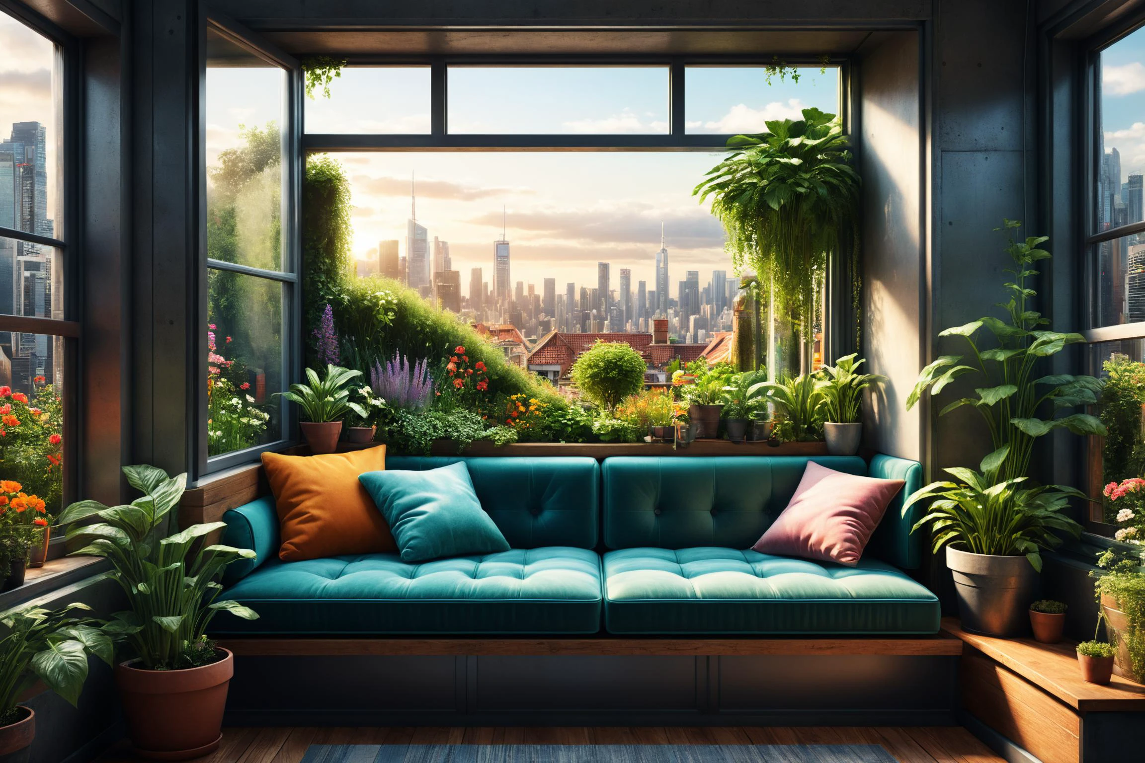 photorealistic, detailed digital illustration of a Postcyberpunk Cushioned window seat with garden view, <lora:EnvyCozyXL01:0.7>, <lora:xl_more_art-full_v1:0.7>, <lora:EnvyRadialXL01:0.7> radial