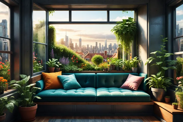 photorealistic, detailed digital illustration of a Postcyberpunk Cushioned window seat with garden view,  <lora:EnvyCozyXL01:0.7>,  <lora:xl_more_art-full_v1:0.7>, <lora:EnvyRadialXL01:0.7> radial