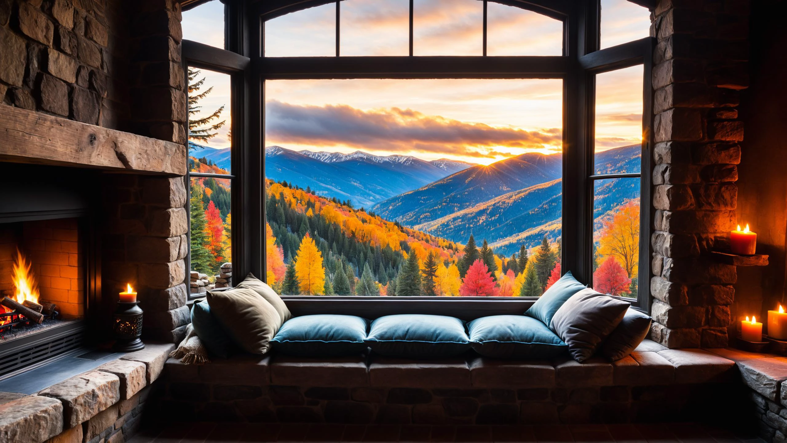 RAW photo of a Horror cushioned window seat with scenic backdrop, a cozy fireplace is nearby, <lora:EnvyCozyXL01:0.6>, <lora:xl_more_art-full_v1:0.4>, <lora:EnvyEgyptianFuturismXL01:0.7>