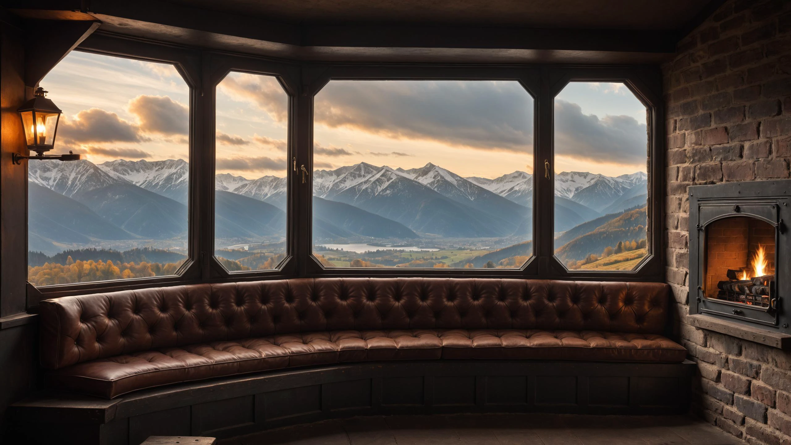 RAW photo of a Dieselpunk cushioned window seat with scenic backdrop, a cozy fireplace is nearby, <lora:EnvyCozyXL01:0.6>, <lora:xl_more_art-full_v1:0.4>, <lora:cliffbuilding_XL:0.7>