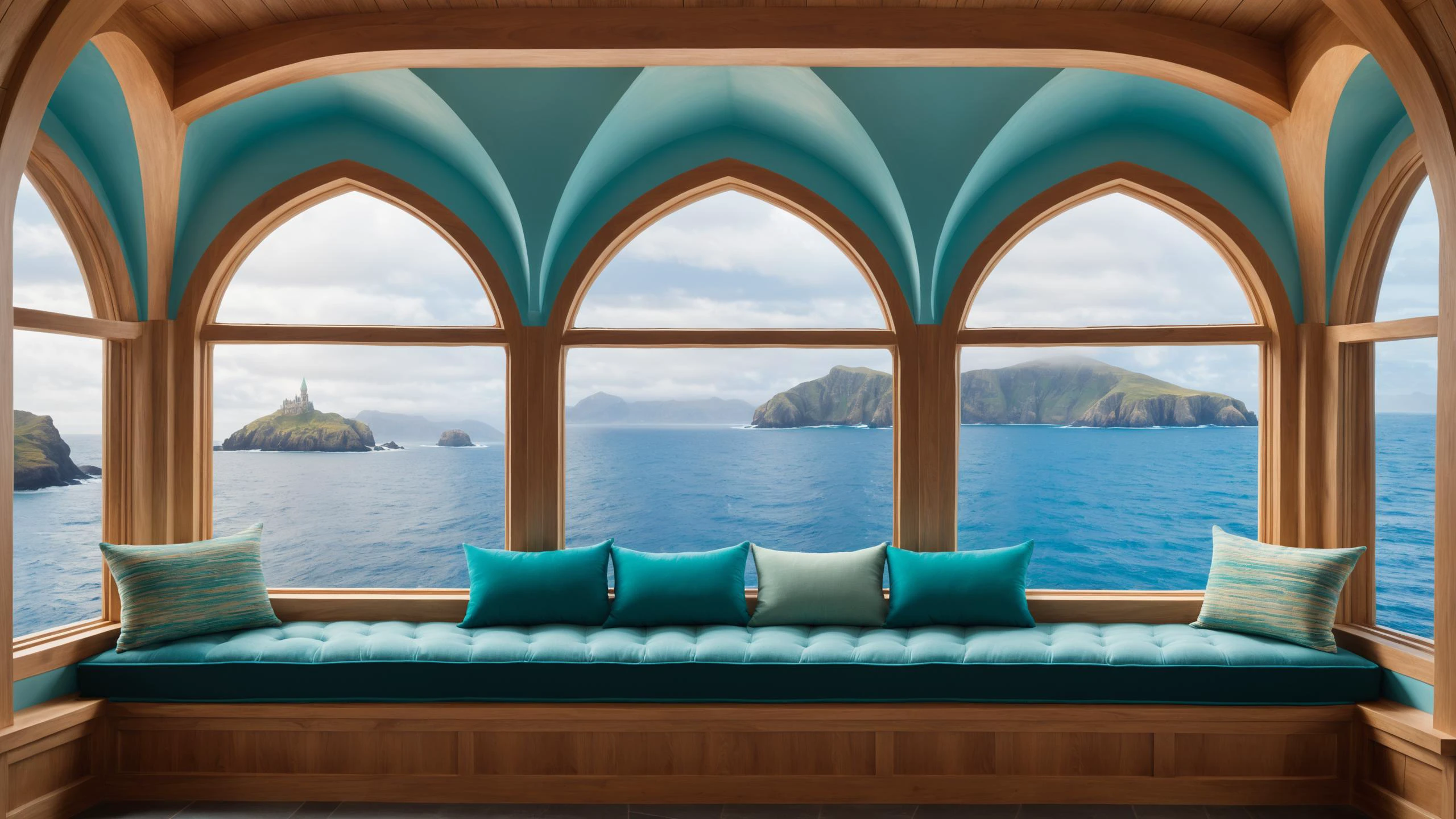 RAW photo of a Seapunk cushioned window seat with scenic backdrop, <lora:EnvyCozyXL01:0.6>, <lora:xl_more_art-full_v1:0.4>, <lora:EnvyElvishArchitectureXL01:0.7> elven architecture