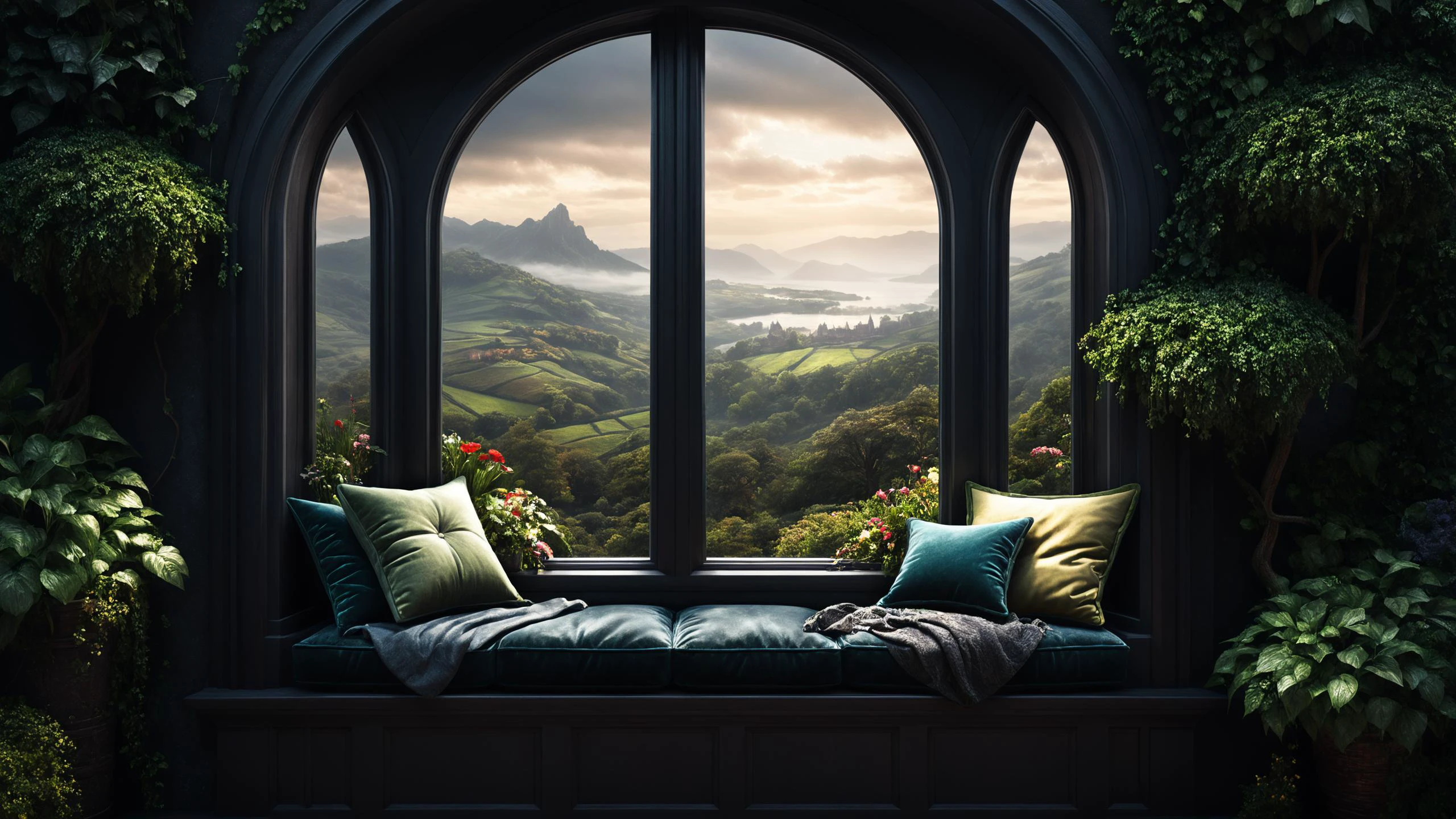 photorealistic, detailed digital illustration of a Dark fantasy Cushioned window seat with scenic backdrop, <lora:EnvyCozyXL01:0.7>, <lora:xl_more_art-full_v1:0.7>, <lora:EnvyGardencoreXL01:0.7>