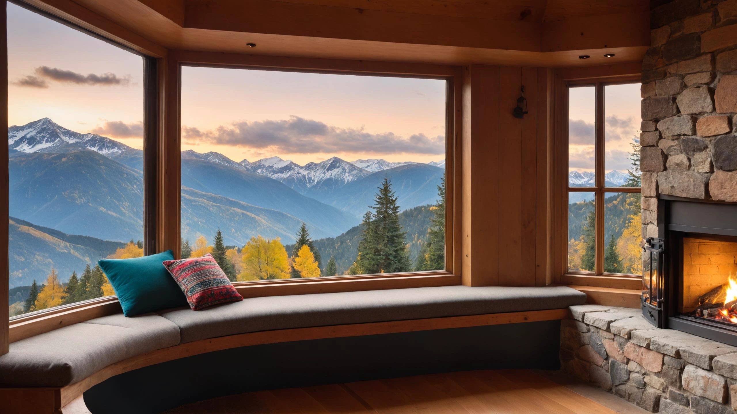RAW photo of a Decopunk cushioned window seat with scenic backdrop, a cozy fireplace is nearby, <lora:EnvyCozyXL01:0.6>, <lora:xl_more_art-full_v1:0.4>, <lora:NicolaSamori:0.7>