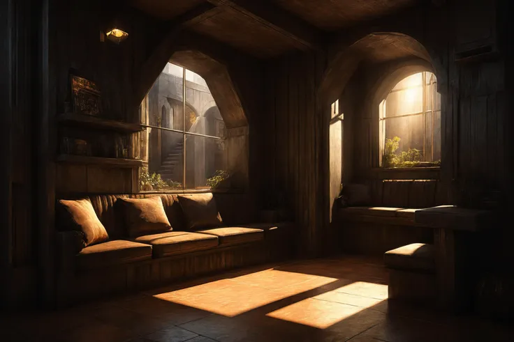 photorealistic, detailed digital illustration of a Horror Sunlit nook with comfortable seating,  <lora:EnvyCozyXL01:0.7>,  <lora:RMSDXL_Creative:1.5>, <lora:EnvyIndustrialScifiXL01:0.7>