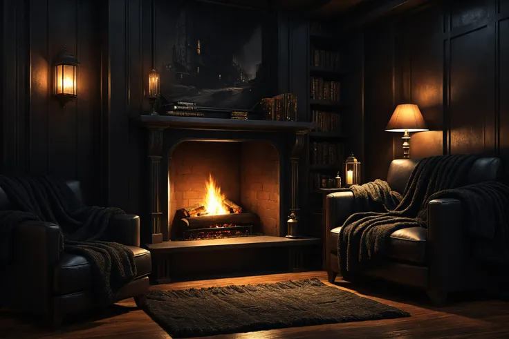 photorealistic, detailed digital illustration of a Film noir Fireside nook with textured throws,  <lora:EnvyCozyXL01:0.7>,  <lora:xl_more_art-full_v1:0.7>, <lora:EnvyIndustrialScifiXL01:0.7>