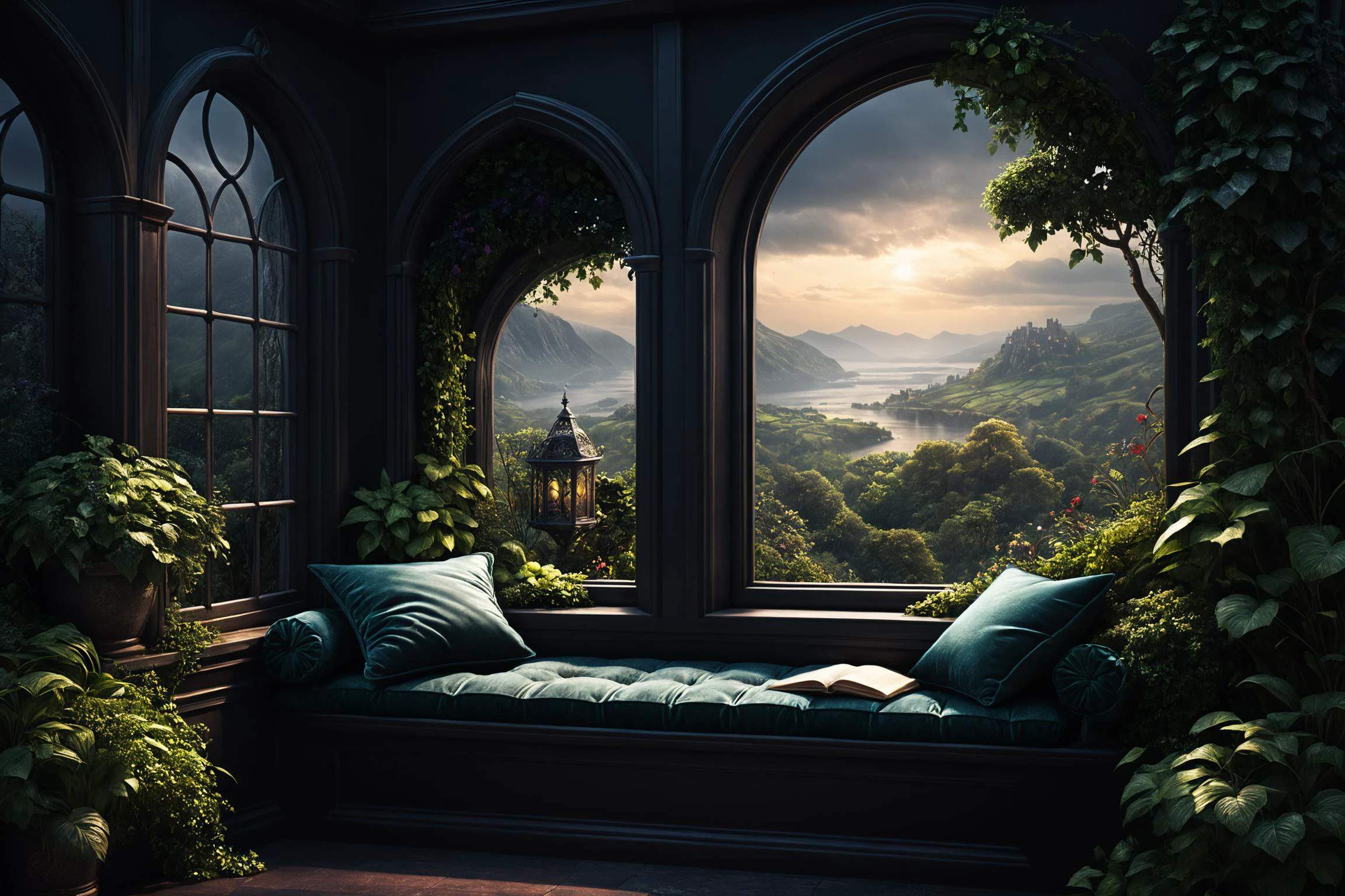 photorealistic, detailed digital illustration of a Dark fantasy Cushioned window seat with scenic backdrop, <lora:EnvyCozyXL01:0.7>, <lora:xl_more_art-full_v1:0.7>, <lora:EnvyGardencoreXL01:0.7>