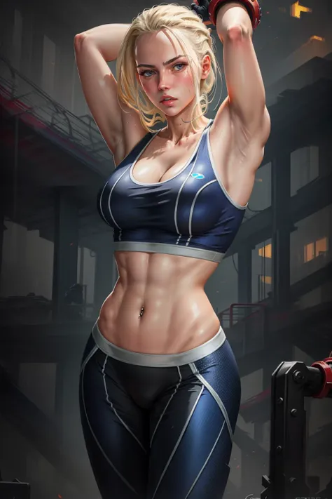 ((best quality)), ((masterpiece)), ((realistic)), (detailed), highly detailed skin, 1girl, cammy white, street fighter 6, <lora:cammyWhiteSF6_cammyWhite:0.7>, facing the viewer, fit body, stunning gradient colors, no watermark signature, detailed background, gym, insanely detailed, , ((masterpiece)), absurdres, HDR
