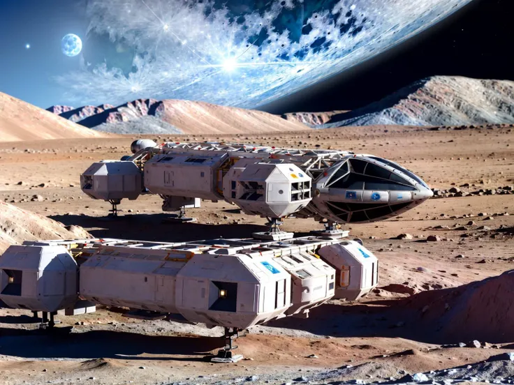 (Realistic:1.5) (masterpiece) EdobSpace1999Eagle, military, no humans, black background, machinery, spot color, science fiction, military vehicle, cable, vehicle focus, space background, no humans, moon, star (sky), lens flare, science fiction, sun, retro artstyle, space, planet, earth (planet), spacecraft, concept art, (view from rear:1.5), <lora:EdobSpace1999Eagle_v1.0:0.9>