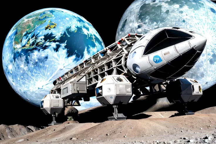 (Realistic:1.5) (masterpiece) EdobSpace1999Eagle, military, no humans, black background, machinery, spot color, science fiction, military vehicle, cable, vehicle focus, space background, no humans, moon, star (sky), lens flare, science fiction, sun, retro artstyle, space, planet, earth (planet), spacecraft, concept art, (view from rear:1.5), <lora:EdobSpace1999Eagle_v1.0:0.9>