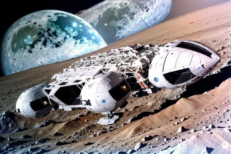 (Realistic:1.5) (masterpiece) EdobSpace1999Eagle, military, no humans, black background, machinery, spot color, science fiction, military vehicle, cable, vehicle focus, space background, no humans, moon, star (sky), lens flare, science fiction, sun, retro artstyle, space, planet, earth (planet), spacecraft, concept art, (view from rear:1.5), <lora:EdobSpace1999Eagle_v1.0:1>