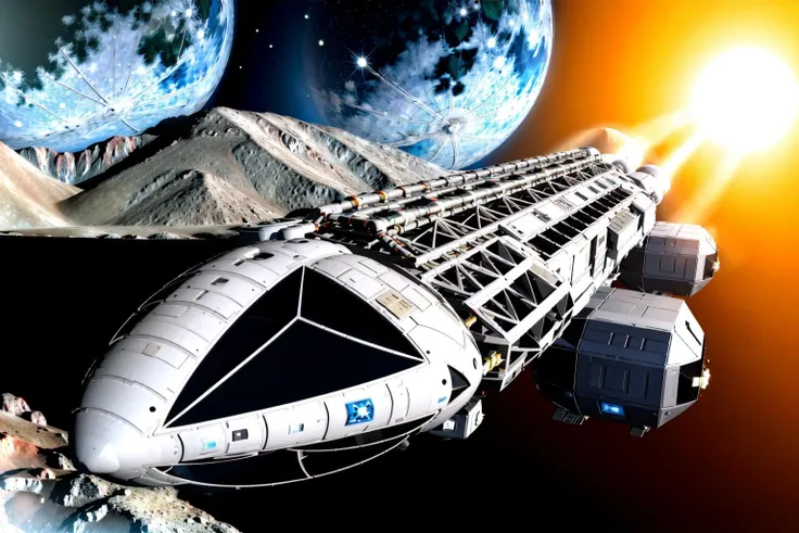 (Realistic:1.5) (masterpiece) EdobSpace1999Eagle, military, no humans, black background, machinery, spot color, science fiction, military vehicle, cable, vehicle focus, space background, no humans, moon, star (sky), lens flare, science fiction, sun, retro artstyle, space, planet, earth (planet), spacecraft, concept art, (view from rear:1.5), <lora:EdobSpace1999Eagle_v1.0:1>