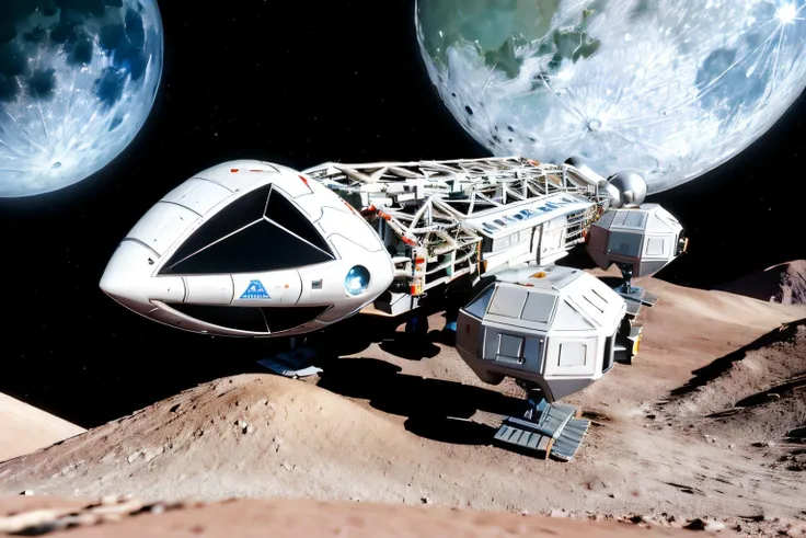 (Realistic:1.5) (masterpiece) EdobSpace1999Eagle, military, no humans, black background, machinery, spot color, science fiction, military vehicle, cable, vehicle focus, space background, no humans, moon, star (sky), lens flare, science fiction, sun, retro artstyle, space, planet, earth (planet), spacecraft, concept art, view from back, <lora:EdobSpace1999Eagle_v1.0:0.9>