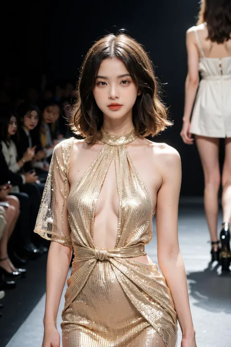 (8k, highest quality, ultra detailed:1.37), (Hana), 18yo, (a South Korean fashion model), struts confidently on the runway during a prestigious fashion week event. Dressed in a stunning designer ensemble, Hana's elegance and poise captivate the audience. The high-resolution image captures ultra-detailed realism, highlighting Hana's captivating eyes, flawless complexion, and fashionable hairstyle. The glamorous runway and stylish set design add to the visual appeal, creating a visually stunning representation of Hana's success in the fashion industry.