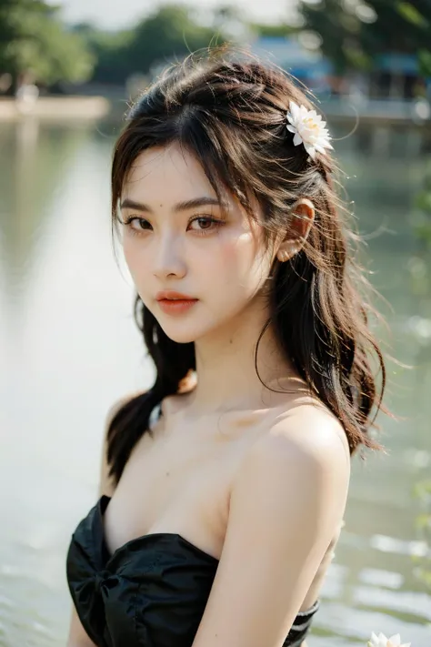 girlcuchoamiface, The woman's beauty can be enhanced by the reflection of the lotus flowers in the water. The vibrant colors of the lotus flowers can also add to the beauty of the scene, creating a harmonious blend of colors, RAW photo,(high detailed skin:1.2), 8k uhd, dslr, soft lighting, high quality, film grain, photorealistic, 1girl, Stunningly Beautiful Girl, Haute_Couture, designer dress, wearing Haute_Couture, posing for a picture, fashion show, Long shaped face, angry, crazy, dark red eyes, Sandy Blonde side-swept hair, short hair, long ringlets, catwalk \(walkway\),  , colorful, vivid colors, masterpiece, best quality, absurdres, highest quality, amazing details, 8k, aesthetic <lora:girl_SDLife_Chiasedamme_v3.0:0.68>   <lora:add_detail:0.3>  <lora:more_details:0.3>