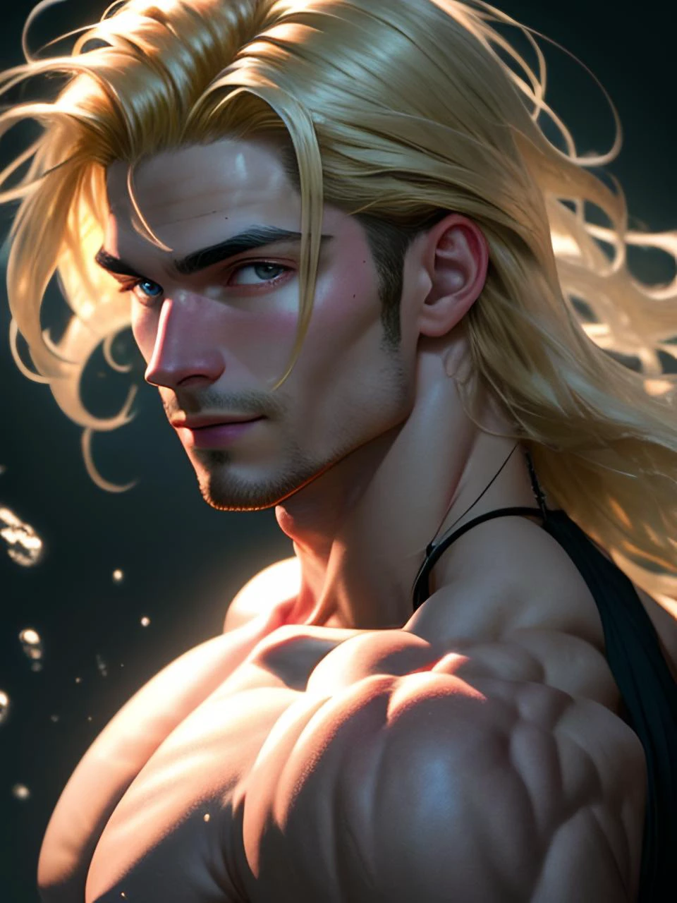 (one male) (portrait) (upper body).
Very detailed masculine face, heroic, detailed realistic open eyes, (muscular:1.5), (big muscles), (big pectorals), (blond hair), (slight smile). (shirtless) (topless male)
Realistic, photoreal, studio portrait, high definition, high contrast, high saturation, highly detailed, high quality, masterpiece, rim lighting, back lighting, volumetric light, vibrant colors.
<lora:BeautifulEyes:0.9>