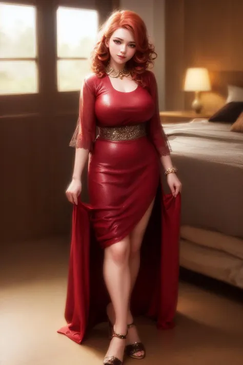 masterpiece, 8K, realistic, photo-realistic,1girl, (curly shiny red hair:1.2), smile, green eyes, ginger, 20 yo, young, full body, bedroom,(long traditional dress:1), professional lighting, <lora:Beautiful Gingers V1.:0.8>, sfw