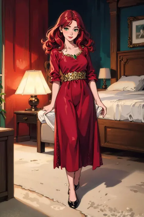 masterpiece, 8K, realistic, photo-realistic,1girl, (curly shiny red hair:1.2), smile, green eyes, ginger, 20 yo, young, full body, bedroom,(long traditional dress:1), professional lighting, <lora:Beautiful Gingers V1.:0.8>, sfw