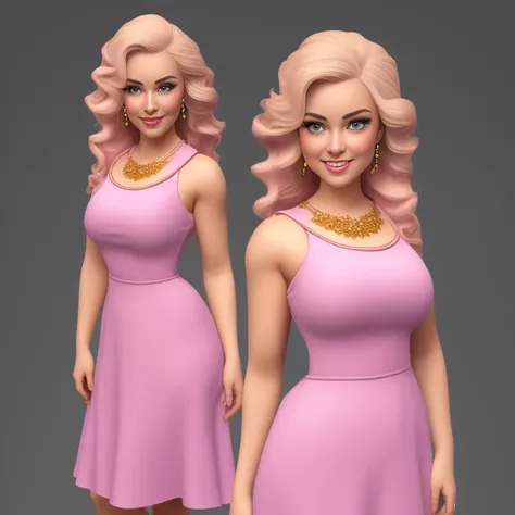 Caroline from Stardew Valley, 3D Render, composition, female, adult appearance, curvy body frame and weight, fair skin, average height, voluptuous body build, facial features (round face, warm smile, hazel eyes, full lips, no jewelry), natural makeup (rosy cheeks, defined lashes), blonde hair (shoulder-length, curled), dainty earrings (gold, teardrop), pastel dress (pink, flowing), low heels (matching dress color, strappy), nurturing personality, friendly expression, confident posture, poised body form, farmhouse (cozy, well-kept), kitchen (homely, fragrant)