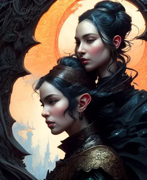 Vivid huang-guang-jian [handpainted:photograph:0.5] close-up by  Ruan Jia and  (Norman Rockwell:0.5) and (John Singer Sargent:0.5) of  fight between (fit handsome  older elf man with warrior god) with (beautiful elegant femme fatale evil elf warrior in leather flowing dress  crouching), sinister,  D&D, dnd, action, dramatic, dramatic cinematic lighting, evil, snarl, looking at viewer, fully clothed, ornate leather armor, aesthetic, menacing, fantasy, chaotic, bokeh, intricately detailed, Symmetry,  snowy, wet, Winter sunset overlooking mountains, Hyper-Realistic, Ultra Resolution, desolate, darkwave, southern gothic, gothic, witchcore, foreboding, beautiful hands, HQ,  8K, Fable III, Christmas, shot on Canon 5D, masterpiece [oil painting:hyperrealism:0.5] in the style of  (Mike Mignola:0.5)