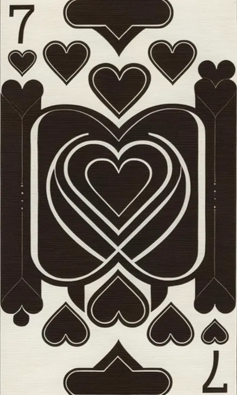 a playing card by Art Nouveau, Neo-Gothic, gothic, playing cards, rich deep moody colors that are related to water , a playing card (( 7_of_hearts  )), a playing card , Dosso Dossi, angular, a screenshot, rayonism