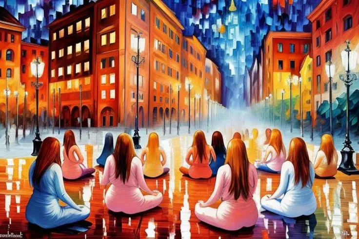 naked women big tits , Sitting doing meditation in the middle of a croud city, by Leonid Afremov