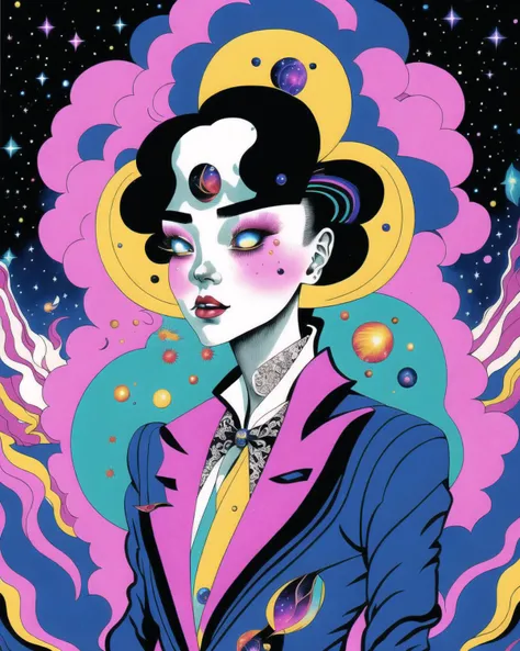 stylish haute couture outfit in the style of 90's vintage illustration, surrealism, akira style. detailed line art. fine details. inside an exploding nebula, <lora:Graphic_Portrait_SD15:0.7> , Graphic_Portrait