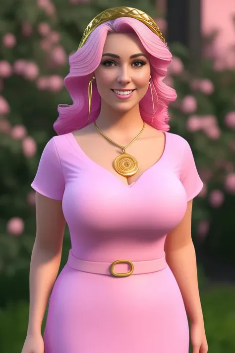 Caroline from Stardew Valley, 3D Render, composition, female, adult appearance, curvy body frame and weight, fair skin, average height, voluptuous body build, facial features (round face, warm smile, hazel eyes, full lips, no jewelry), natural makeup (rosy cheeks, defined lashes), blonde hair (shoulder-length, curled), dainty earrings (gold, teardrop), pastel dress (pink, flowing), low heels (matching dress color, strappy), nurturing personality, friendly expression, confident posture, poised body form, farmhouse (cozy, well-kept), kitchen (homely, fragrant)