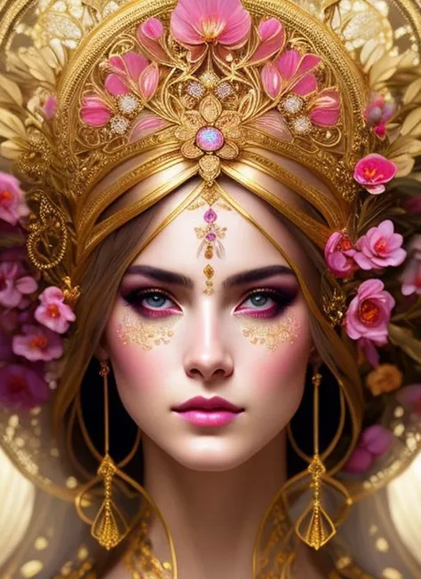 (symmetry:1.1) (portrait of floral:1.05) a woman as a beautiful goddess, (assassins creed style:0.8), pink and gold and opal color scheme, beautiful intricate filegrid facepaint, intricate, elegant, highly detailed, digital painting, artstation, concept art, smooth, sharp focus, illustration, art by greg rutkowski and alphonse mucha, 8k