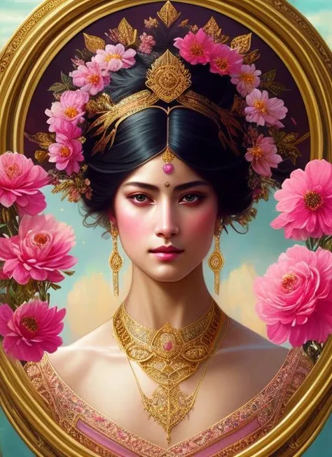 (symmetry:1.1) (portrait of floral:1.05) a woman as a beautiful goddess, (assassins creed style:0.8), pink and gold and opal color scheme, beautiful intricate filegrid facepaint, intricate, elegant, highly detailed, digital painting, artstation, concept art, smooth, sharp focus, illustration, art by greg rutkowski and alphonse mucha, 8k