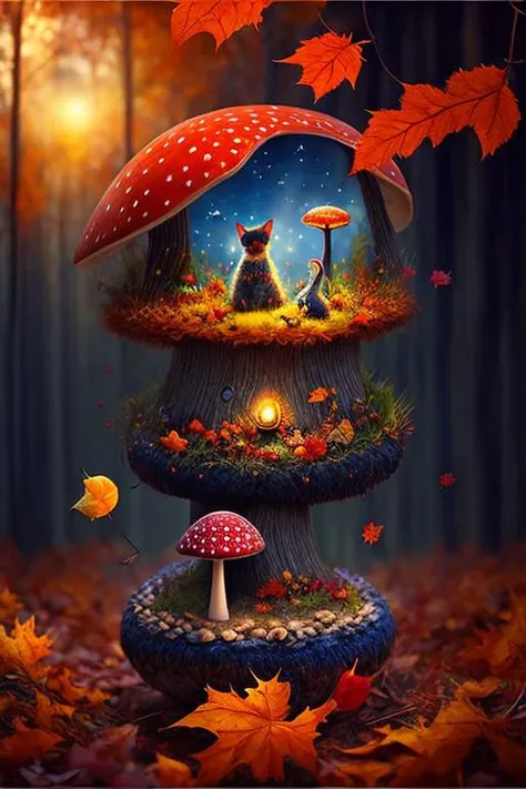 amazing Fantasy painting of a of a fairy in a [mushroom:forest:30], cat, Autumn colors, Dawn lighting, Color temperature lighting,  <lora:Fantasy_4:0.6>