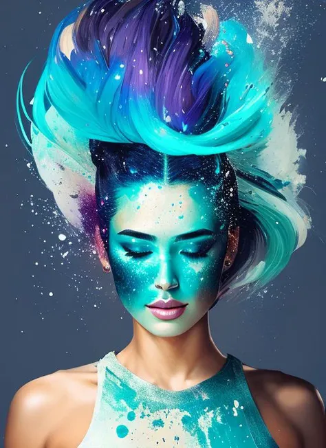 award winning half body portrait of a woman in a croptop and cargo pants with ombre navy blue teal hairstyle with head in motion and hair flying, paint splashes, splatter, outrun, vaporware, shaded flat illustration, digital art, trending on artstation, highly detailed, fine detail, intricate