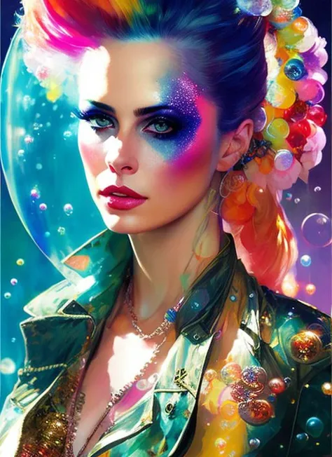 drunken beautiful woman as delirium from sandman, (hallucinating colorful soap bubbles), by jeremy mann, by sandra chevrier, by dave mckean and richard avedon and maciej kuciara, punk rock, tank girl, high detailed, 8k