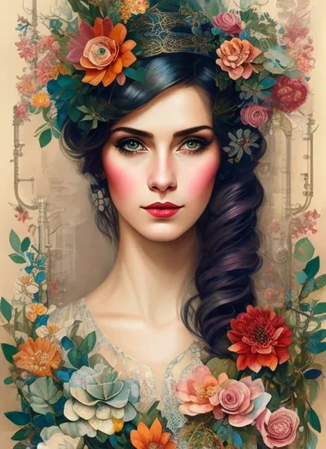 Charlie Bowater realistic Lithography sketch portrait of a woman, flowers, [gears], pipes, dieselpunk, multi-colored ribbons, old paper texture, highly detailed