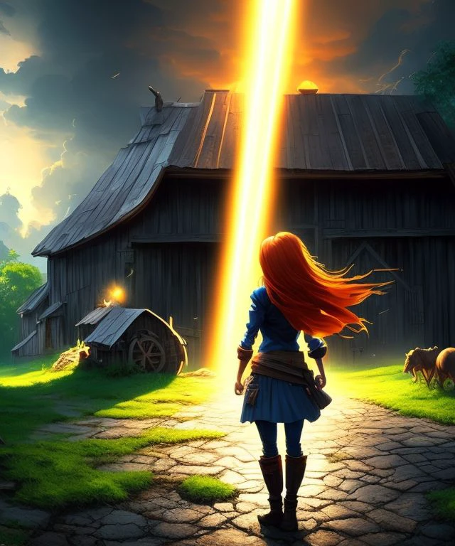 closeup of a young woman with auburn ahir standing in front of the barn at her farm, cute smirkm D&D, 3d liquid detailing fluid acrylic concept art in a foreest setting art by (animated) artgerm and greg rutkowski ((cel shading)) ((anime)) ((pixar)) Full of Light, Animated Film, Cinematography, Atmosphere, Highly Detailed Heavenly Dramatic Lighting, Highly Realistic Cinematic Lighting, Volumetric Lighting, Photography, Cinema, Epic High Dynamic Lighting, HDR