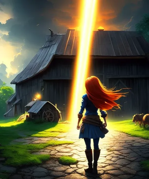 closeup of a young woman with auburn ahir standing in front of the barn at her farm, cute smirkm D&amp;D, 3d liquid detailing fluid acrylic concept art in a foreest setting art by (animated) artgerm and greg rutkowski ((cel shading)) ((anime)) ((pixar)) Full of Light, Animated Film, Cinematography, Atmosphere, Highly Detailed Heavenly Dramatic Lighting, Highly Realistic Cinematic Lighting, Volumetric Lighting, Photography, Cinema, Epic High Dynamic Lighting, HDR