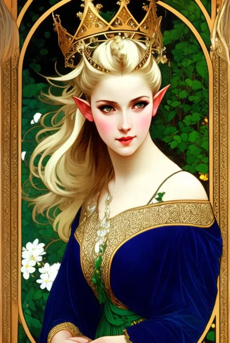 elven queen, elf, pointy ears, halfbody, masterpiece, blue eyes, intricate dress, blonde hair, long hair, long braids, crown, green dress, by alphonse mucha, looking at viewer