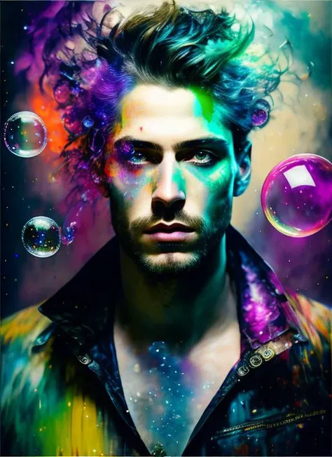 drunken beautiful man as delirium from sandman, (hallucinating colorful soap bubbles), by jeremy mann, by sandra chevrier, by dave mckean and richard avedon and maciej kuciara, punk rock, high detailed, 8k