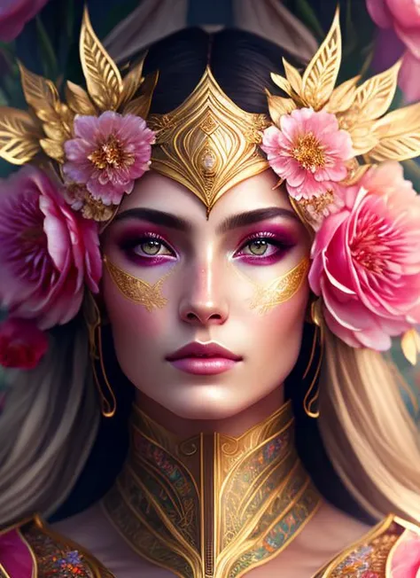 (symmetry:1.1) (portrait of floral:1.05) a woman as a beautiful goddess, (assassins creed style:0.8), pink and gold and opal color scheme, beautiful intricate filegrid facepaint, intricate, elegant, highly detailed, digital painting, artstation, concept art, smooth, sharp focus, illustration, art by greg rutkowski and alphonse mucha, 8k