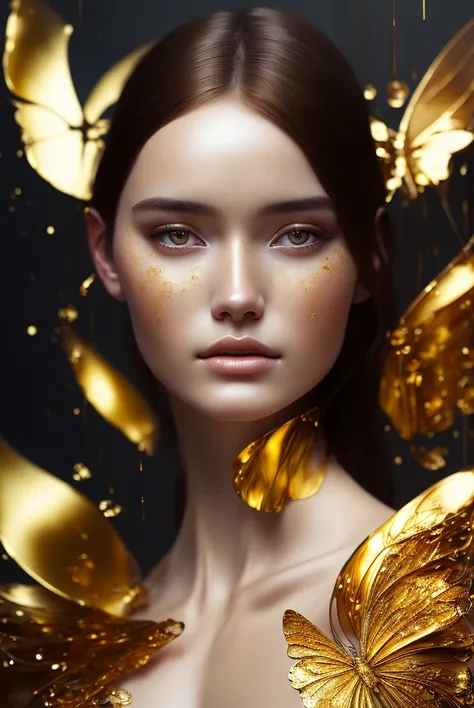 8k portrait of beautiful young woman with brown hair dissolving, intricate, elegant, highly detailed, majestic, digital photography, art by artgerm ruan jia and greg rutkowski surreal wet paint gold butterfly filigree, broken glass