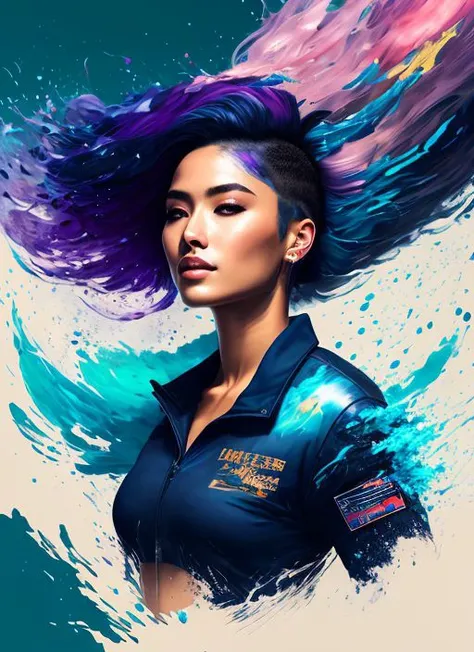 award winning half body portrait of a woman in a croptop and cargo pants with ombre navy blue teal hairstyle with head in motion and hair flying, paint splashes, splatter, outrun, vaporware, shaded flat illustration, digital art, trending on artstation, highly detailed, fine detail, intricate