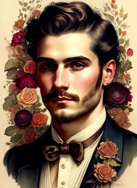 Charlie Bowater realistic Lithography sketch portrait of a man, flowers, [gears], pipes, dieselpunk, multi-colored ribbons, old paper texture, highly detailed